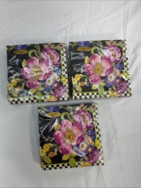 Lot 3 MacKenzie Childs Black Flower Market Paper Cocktail Napkins 3-ply 60pc